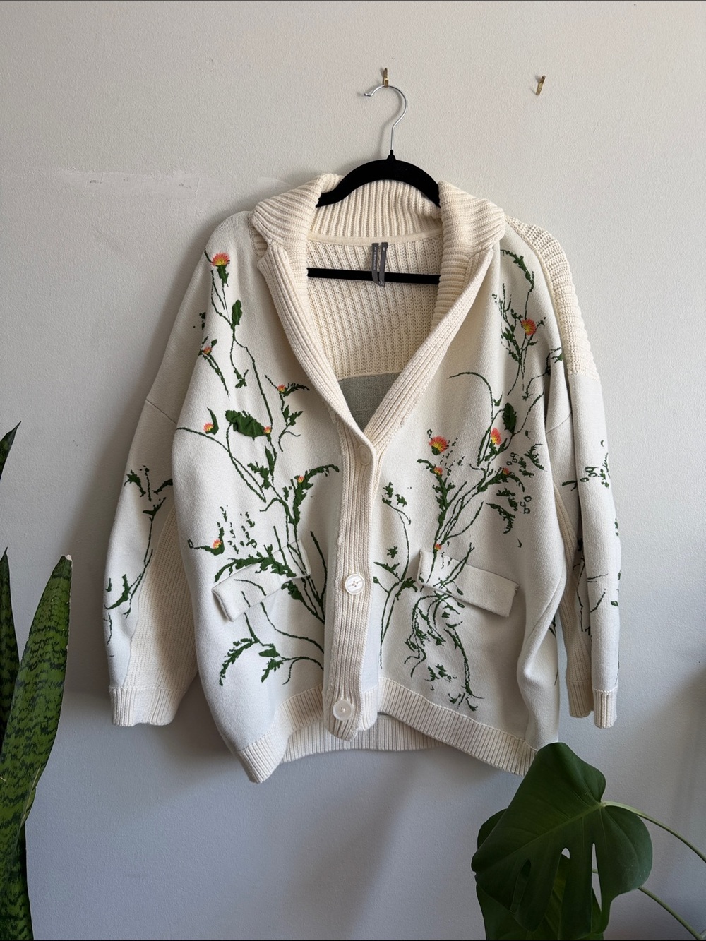 Anthropologie Cream Cardigan with Green and Coral Floral Embroidery